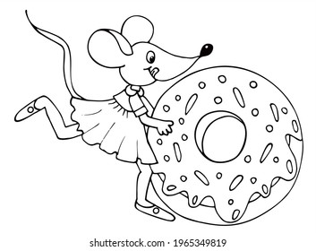 Cute mouse is rolling a big doughnut. Black and white vector for coloring, for card or gift.