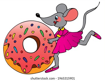 Cute mouse is rolling a giant doughnut. Delicious food, sweet, dessert. Colored vector for card or gift.