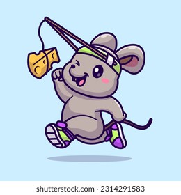 Cute Mouse Run Chasing Cheese Cartoon Vector Icon Illustration. Animal Sport Icon Concept Isolated Premium Vector. Flat Cartoon Style