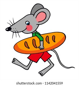 Cute mouse is running with a big bread. Colored vector for card or gift. 