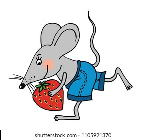 Cute mouse is running with a big strawberry. Colored vector for card or gift. 