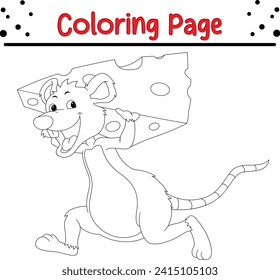 cute mouse running carrying cheese coloring page for kids. Black and white vector animals for coloring book