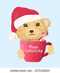 Cute mouse in Santa Claus hat with a mug of hot chocolate in his paws. Merry Christmas design. Cartoon vector illustration.