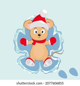 A Cute Mouse In A Santa Claus Hat On The Snow Makes A Snow Angel. Cartoon Illustration For Children