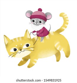 cute mouse santa claus on a cat, template for greeting card new year 2020, vector illustration