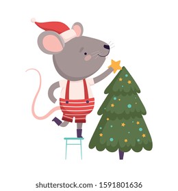 Cute Mouse in Santa Hat Decorating Christmas Tree, Cute Small Rodent Animal Character, Symbol of 2020 Year Vector Illustration