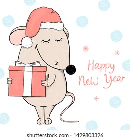 Cute mouse in a Santa hat holding a gift and smiling. Colorful vector illustration on white background. Hand-drawn. Postcard for the New year and Christmas.