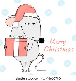 Cute mouse in a Santa hat holding a gift and smiling. Colorful vector illustration on white background. Hand-drawn. Christmas card.