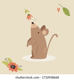 Cute mouse scenting flower. Funny character design. Vector illustration