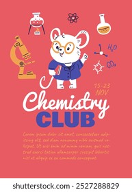 Cientista de rato bonito em casaco azul segura livro e cumprimentos. Cartoon Química clube vetor design. Rato animal, fórmulas químicas, moléculas, microscópio e tubo de laboratório, equipamento de laboratório