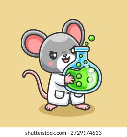 Científico lindo del ratón que sostiene la ilustración del icono del Vector de la historieta del tubo del laboratorio. Icono de Ciencia Animal Concepto Aislado Premium Vector. Estilo plano de la historieta