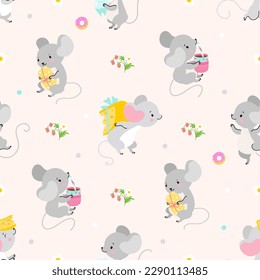 Patrón transparente del ratón. Impresión de tela para bebés con ratones graciosos de dibujos animados. Varias ratas, criaturas infantiles decorativas hoy en día fondo vectorial