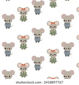 Cute mouse seamless pattern. Baby fabric print with cartoon funny mice, vector, white background