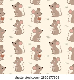 Cute Mouse Seamless Pattern Illustration with Reading Writing Brown Mice Character, Minimalist Hand Drawn Kawaii Animal Background for Kids Nursery, Repeatable Wallpaper Design