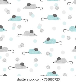 Cute mouse seamless pattern. Vector background with cartoon mice and circles