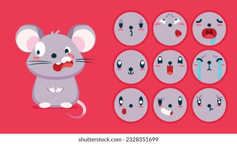 Cute Maus, Reihe von Tieremotionen, winzige Maus mit Emoji Kollokation, schlafend, weinend, traurig, gelangweilt, glücklich, aufgeregt, liebenswert, überrascht, unvorsichtig, selbstbewusst, erschreckt, betäubt, flat Vectoravatar