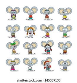 Cute mouse set over white background, vector cartoon.