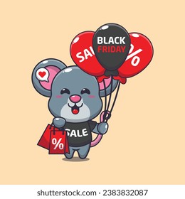 cute mouse with shopping bag and balloon at black friday sale cartoon vector illustration