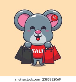 cute mouse with shopping bag in black friday sale cartoon vector illustration