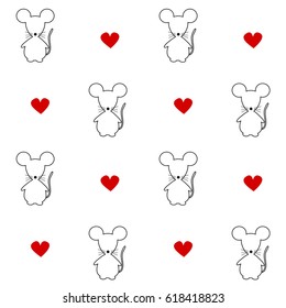 cute mouse silhouette seamless vector pattern background illustration with hand drawn red hearts