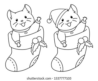 Cute mouse sits in a Christmas sock for gifts. Contour doodle picture for coloring book, sticker, postcard. Vector illustration isolated on a white background.