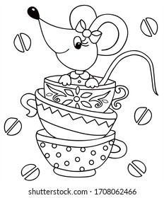 Cute mouse is sitting in a coffee cup. Black and white vector for coloring, for card or gift. 