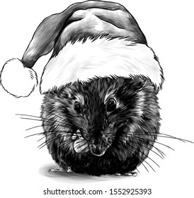 cute mouse sitting cross-legged in a big Christmas hat with fur on his head, sketch vector graphics monochrome illustration on a white background