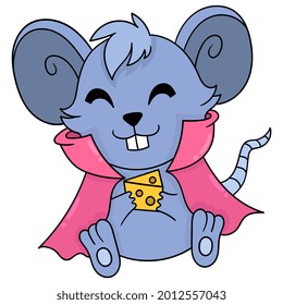 cute mouse is sitting happy bringing cheese to eat, vector illustration art. doodle icon image kawaii.