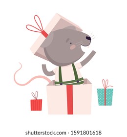 Cute Mouse Sitting Inside Gift Box, Cute Small Rodent Animal Character, Symbol of 2020 Year Vector Illustration