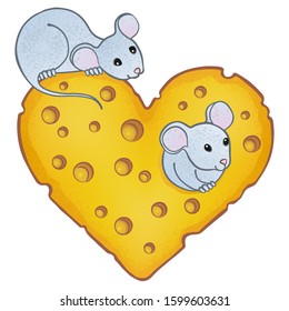 Cute mouse is sitting on a big cheese heart and watching another mouse. Vector cartoon illustration, isolated on white background.