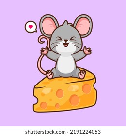 Cute Mouse Sitting On Cheese Cartoon Vector Icon Illustration. Animal Food Icon Concept Isolated Premium Vector. Flat Cartoon Style