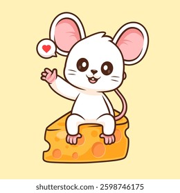 Cute Mouse Sitting On Cheese And Waving Hand Cartoon Vector Icon Illustration. Animal Food Icon Concept Isolated Premium Vector. Flat Cartoon Style