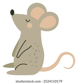 Ratón lindo sentado y pensando, rata, personajes de dibujos animados de animales, diseño para bebés y gráficos de niños, estampados, telas, textiles y ropa de bebé, Vector plano estilo escandinavo mínimo