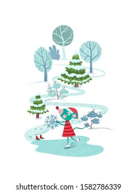 Cute mouse skating with a snowflake outdoors. New Year 2020 and Christmas card template. Cartoon illustration of new year preparation. Chinese symbol of new year 2020. Vector, eps10 format