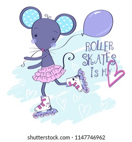 cute mouse in skirt with balloon on roller skates vector illustration