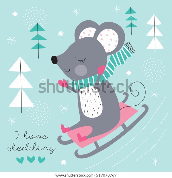 cute mouse\
sledding down vector\
illustration