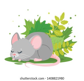 Cute mouse sleeping cartoon vector character. Adorable rat dreaming in forest. Baby rodent relaxing, resting on grass flat illustration. Sweet little animal with sleepy face children book drawing