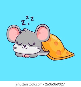 Cute Mouse Sleeping With Cheese Blanket Cartoon Vector Icon Illustration. Animal Food Icon Concept Isolated Premium Vector. Flat Cartoon Style