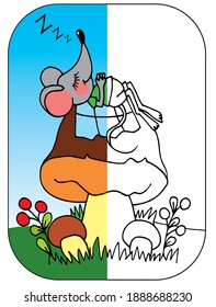 Cute mouse is sleeping on a big mushroom. Color the right half of the image. 