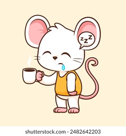 Lindo ratón durmiente sosteniendo el Vector de dibujos animados de café Ilustración. Concepto de icono de bebida animal Vector Premium aislado. Estilo plano de dibujos animados