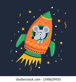 Cute mouse in a space rocket cartoon character. Vector illustration. Children textile.