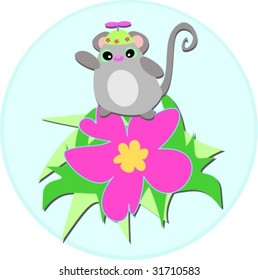 Cute Mouse with Spinner Hat on Hibiscus Flower Vector