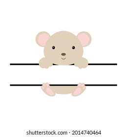 Cute mouse split monogram. Funny cartoon character for shirt, scrapbooking, print, greeting cards, baby shower, invitation, home decor. Bright colored childish stock vector illustration.