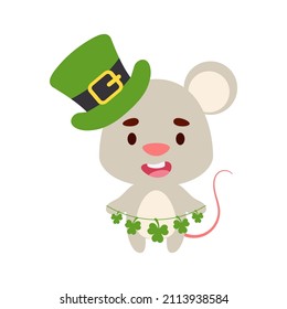 Cute mouse in St. Patrick's Day leprechaun hat holds shamrocks. Irish holiday folklore theme. Cartoon design for cards, decor, shirt, invitation. Vector stock illustration.