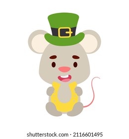 Cute mouse St. Patrick's Day leprechaun hat holds horseshoe. Irish holiday folklore theme. Cartoon design for cards, decor, shirt, invitation. Vector stock illustration.