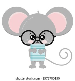 Cute mouse stand with glasses and book in paws vector icon illustration. Funny kawaii mice isolated on white background. Little baby rat.  Animal adorable wildlife cartoon character.