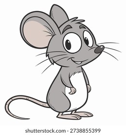 Cute сartoon mouse standing in side view and smiling. Suitable for children's books, sticker, mascot, logo.Vector illustration isolated on white background. 