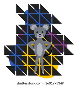 Cute mouse stands on an abstraction background isolated on white background. Stock vector illustration for decoration and design, postcards, posters, banners, fabrics, web pages and more.