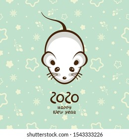 Cute mouse with stars on light green background. Template for new year greeting card and invitation. Chinese zodiac sign 2020.