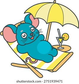 Cute Mouse sticker icon. Funny Mouse laying in the beach 